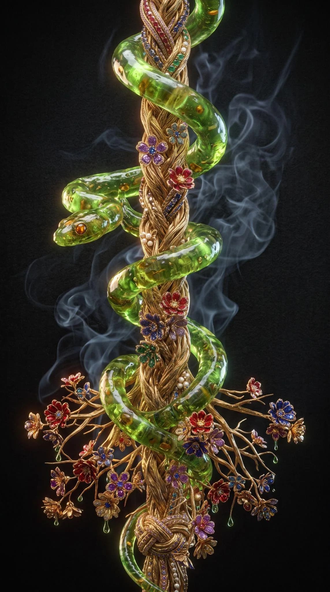 Una cuerda trenzada de oro, con flores de piedras, y una serpiente de vidrio verde enroscada en ella.