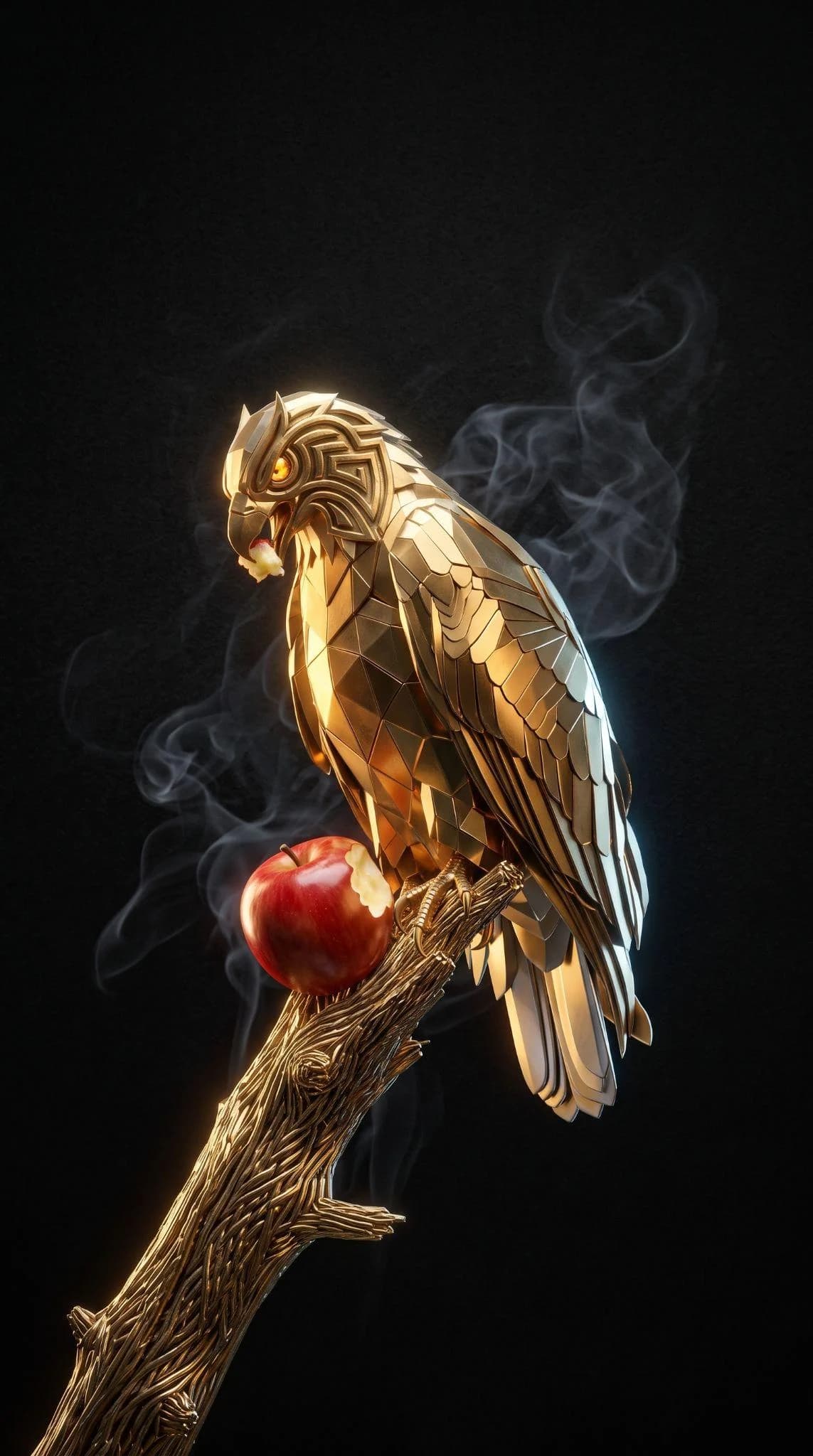 Águila de oro comiendo una manzana roja, absorta.
