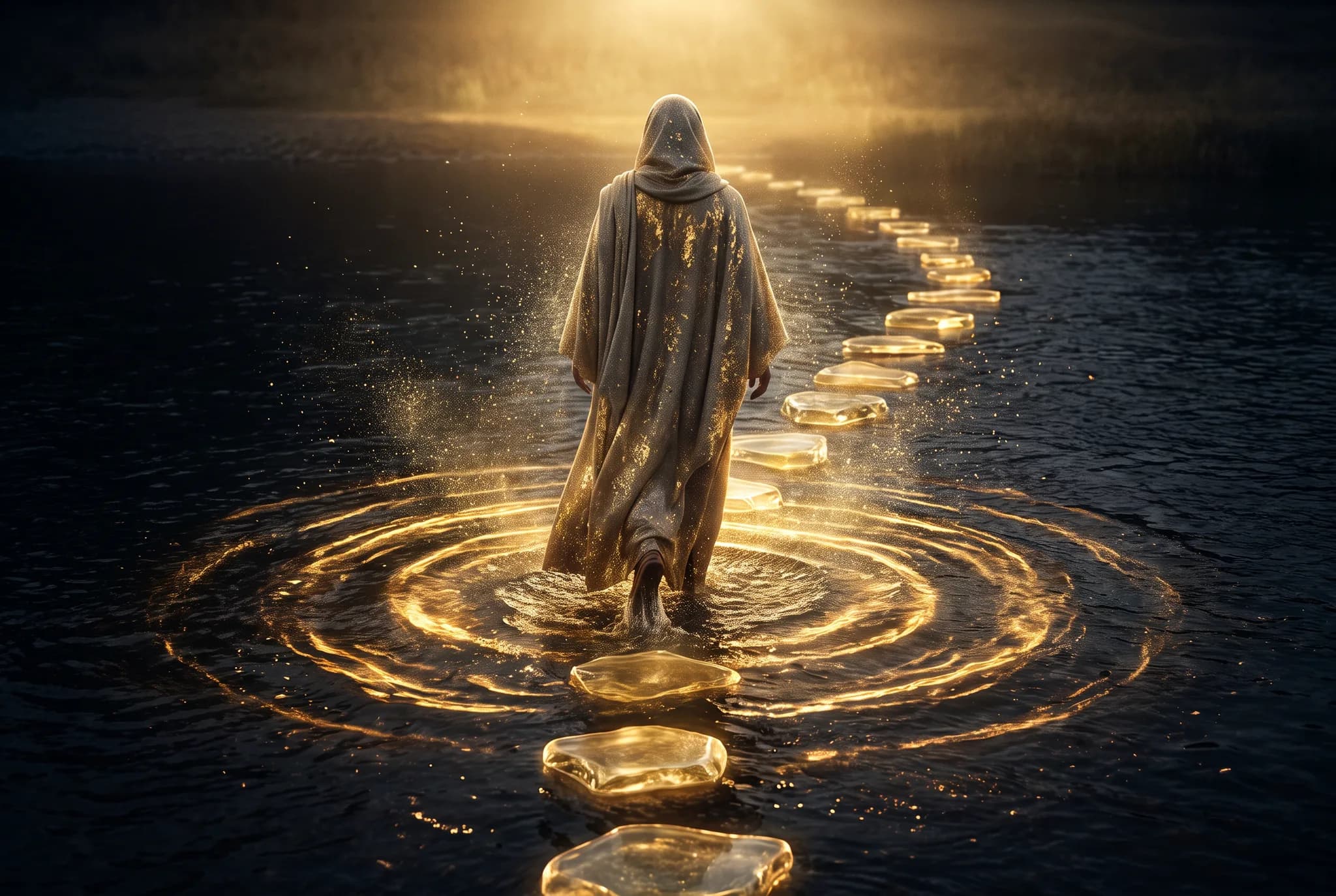 Una figura de espaldas cruza un río por un vado.