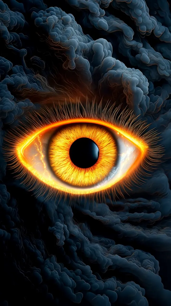 Un ojo dorado que se abre en la oscuridad, entre nubes, y se vuelve un remolino de fuego.