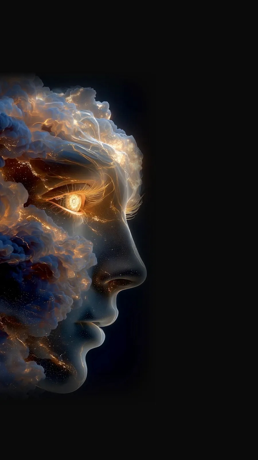 Un rostro de perfil hecho de nubes, con un ojo de luz dorada.