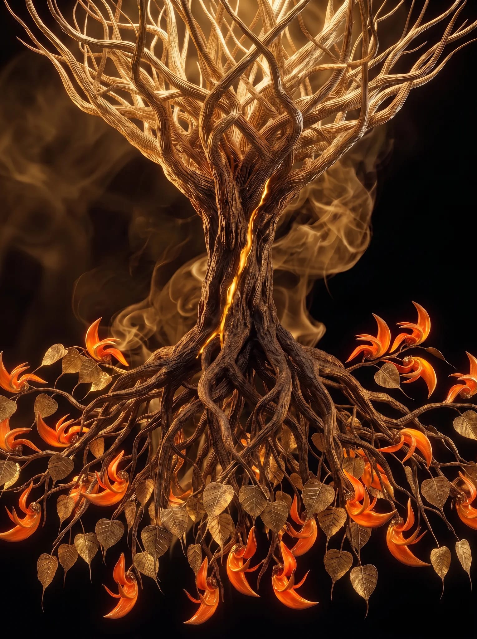 Un árbol colgado del cielo: las raíces arriba, abiertas, y el tronco cayendo