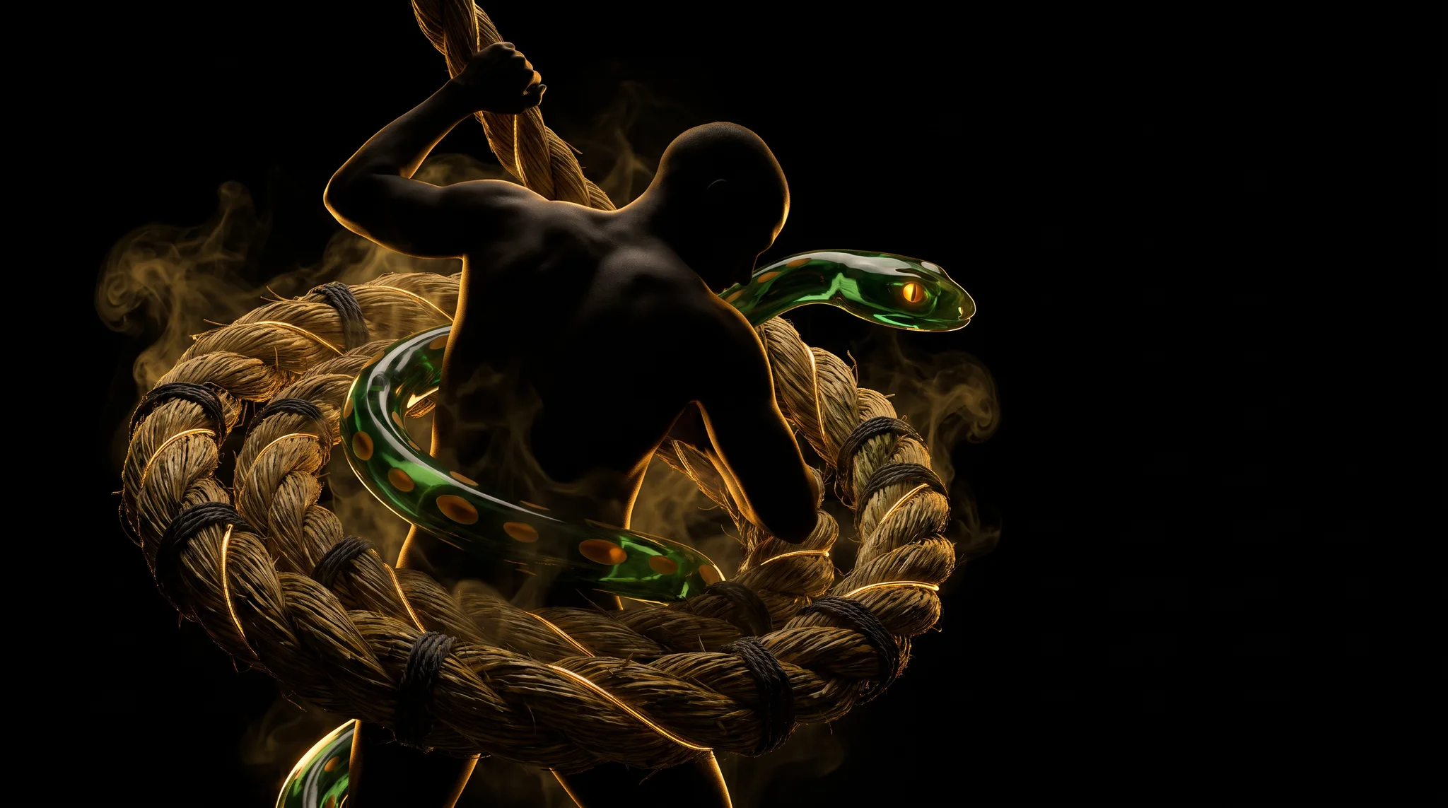 Una figura de espaldas, en penumbra, enredada en la cuerda y la serpiente, tira para soltarse