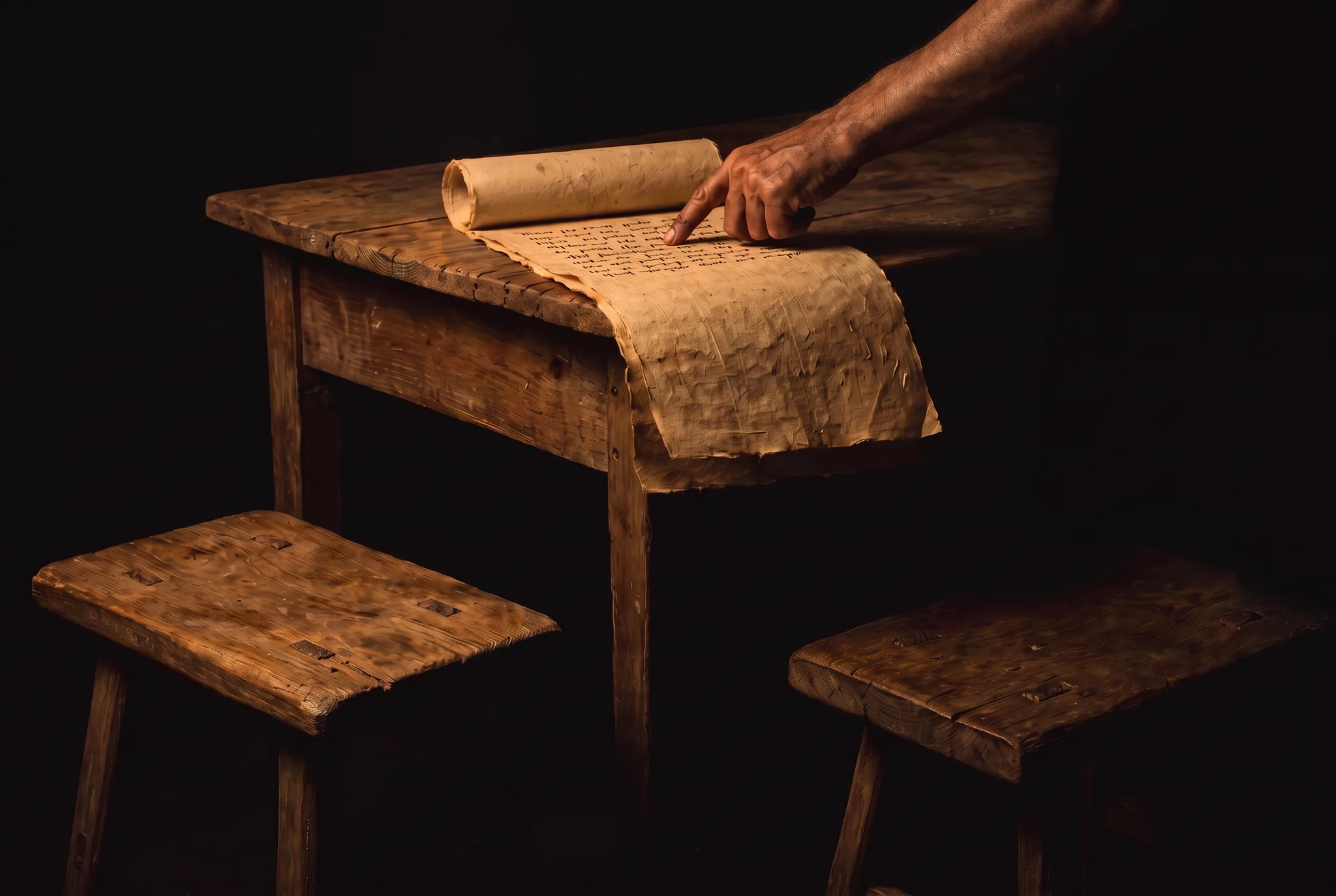 Dos asientos de madera enfrentados, una mesa baja con un texto abierto y una lámpara de aceite