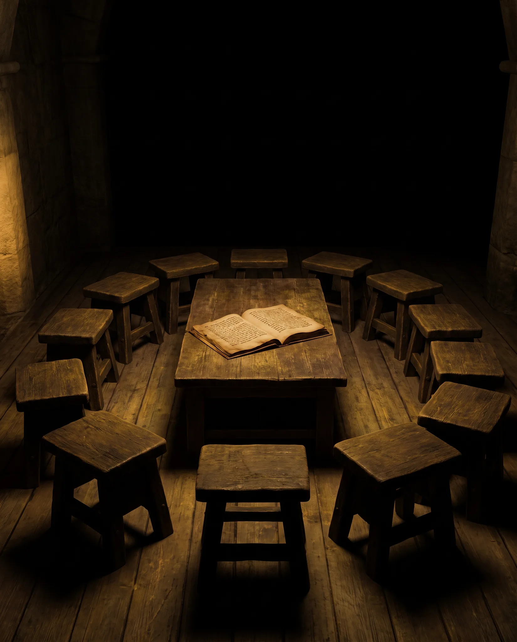 Asientos de madera en penumbra, en un aula antigua.