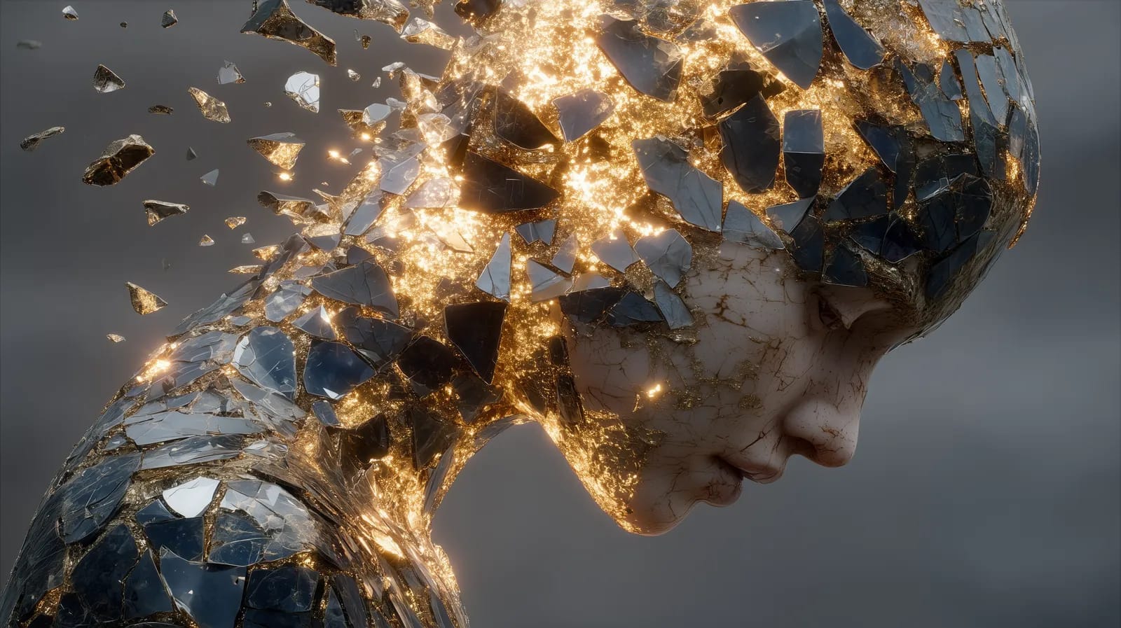 Una figura de perfil hecha de esquirlas de cristal y oro, que se deshace en pedazos.