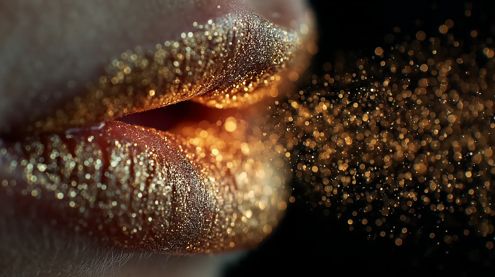 Unos labios entreabiertos, cubiertos de polvo de oro, que exhalan un aliento de partículas doradas.