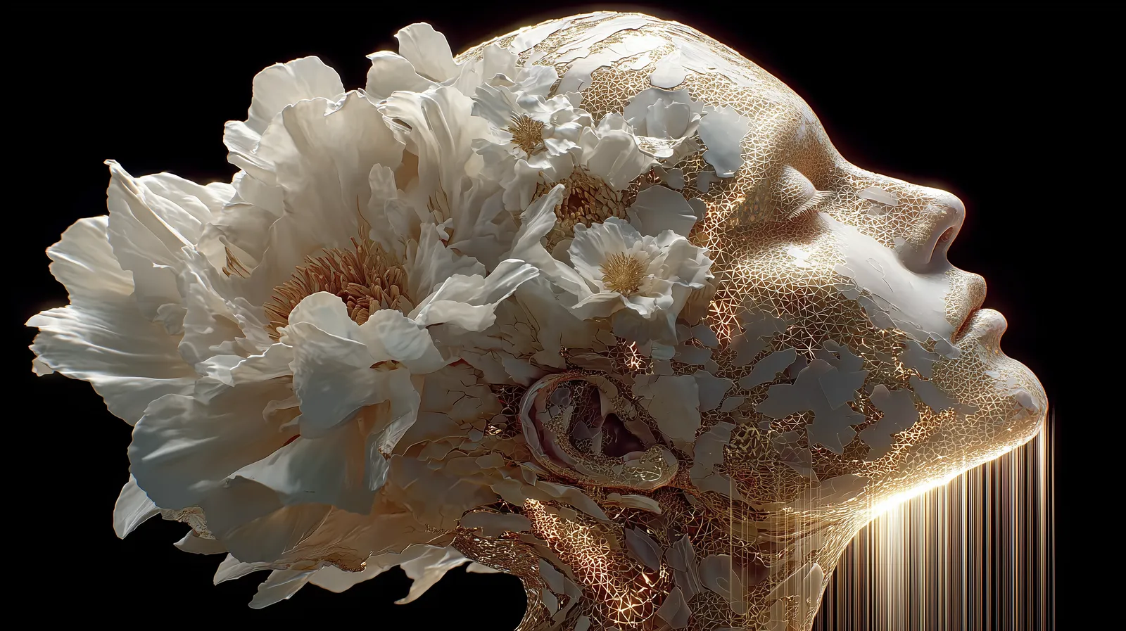 Una cabeza de perfil, cuarteada en oro, que se abre en flores blancas.